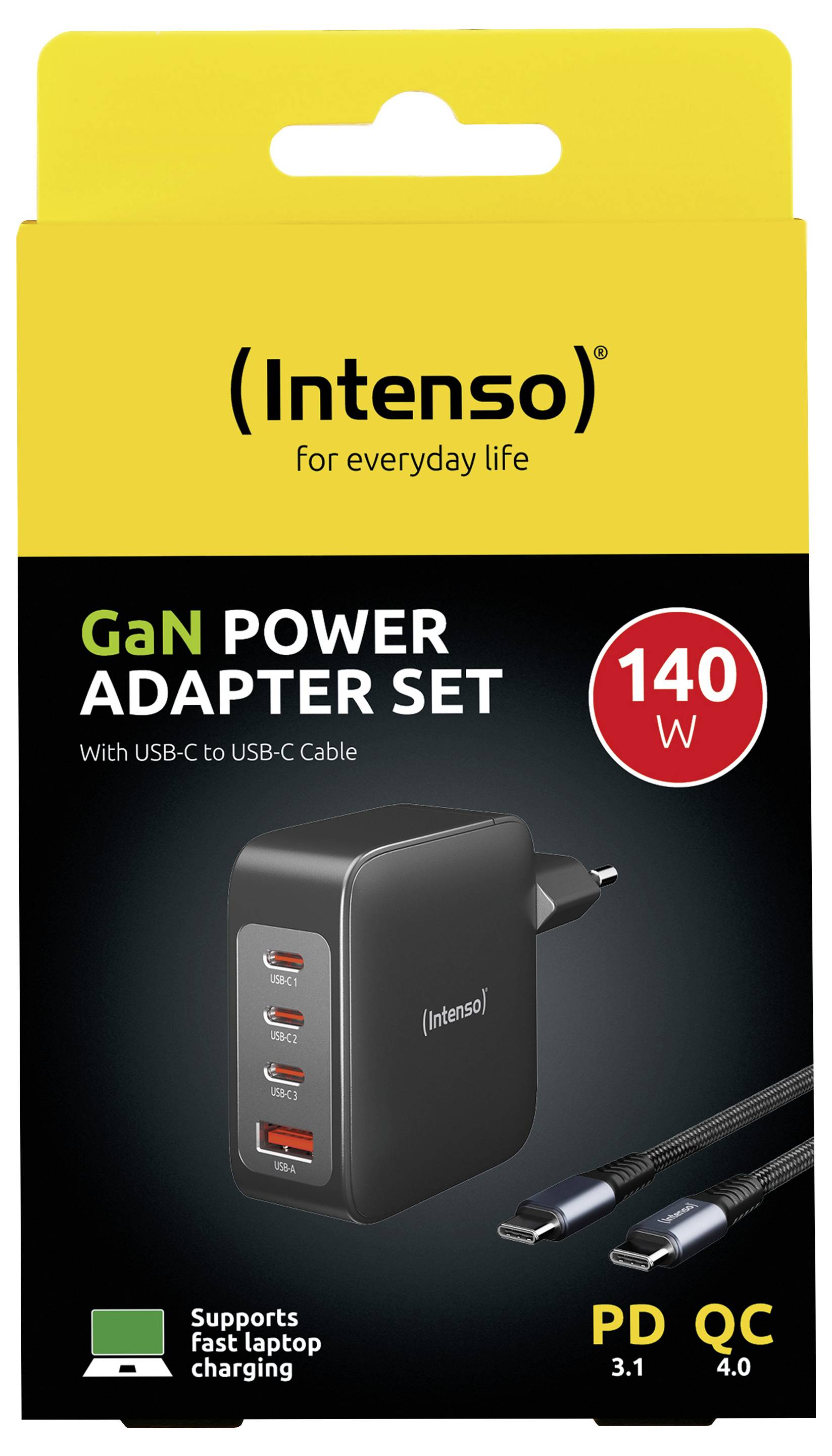 Balenie adaptéra Intenso GaN Power Set, 140W, vrátane USB-C do USB-C kábla, podporuje rýchle nabíjanie notebooku.