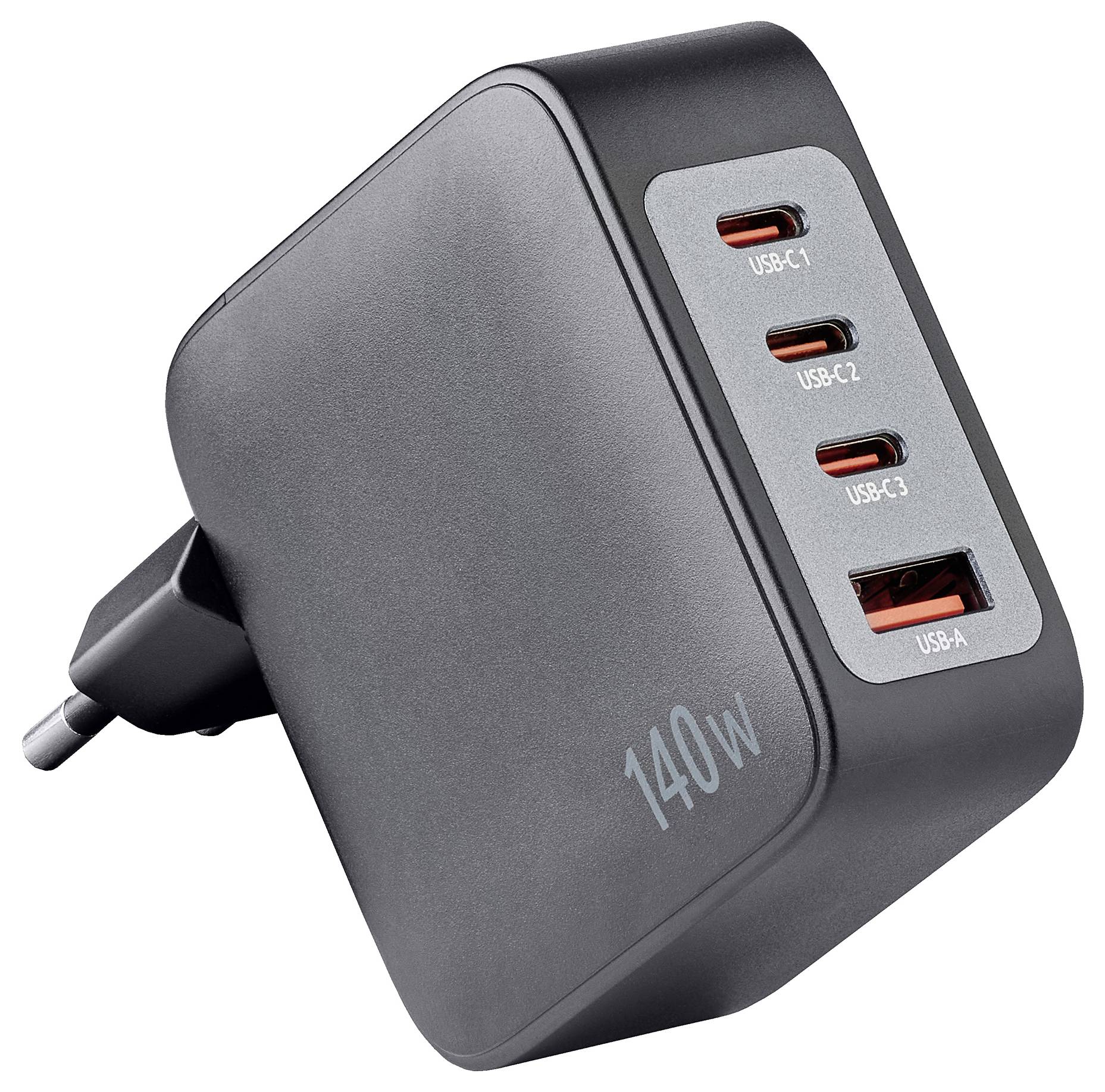 Čierna 140W nabíjačka s tromi USB-C a jedným USB-A vstupom, viditeľný európsky typ zástrčky.