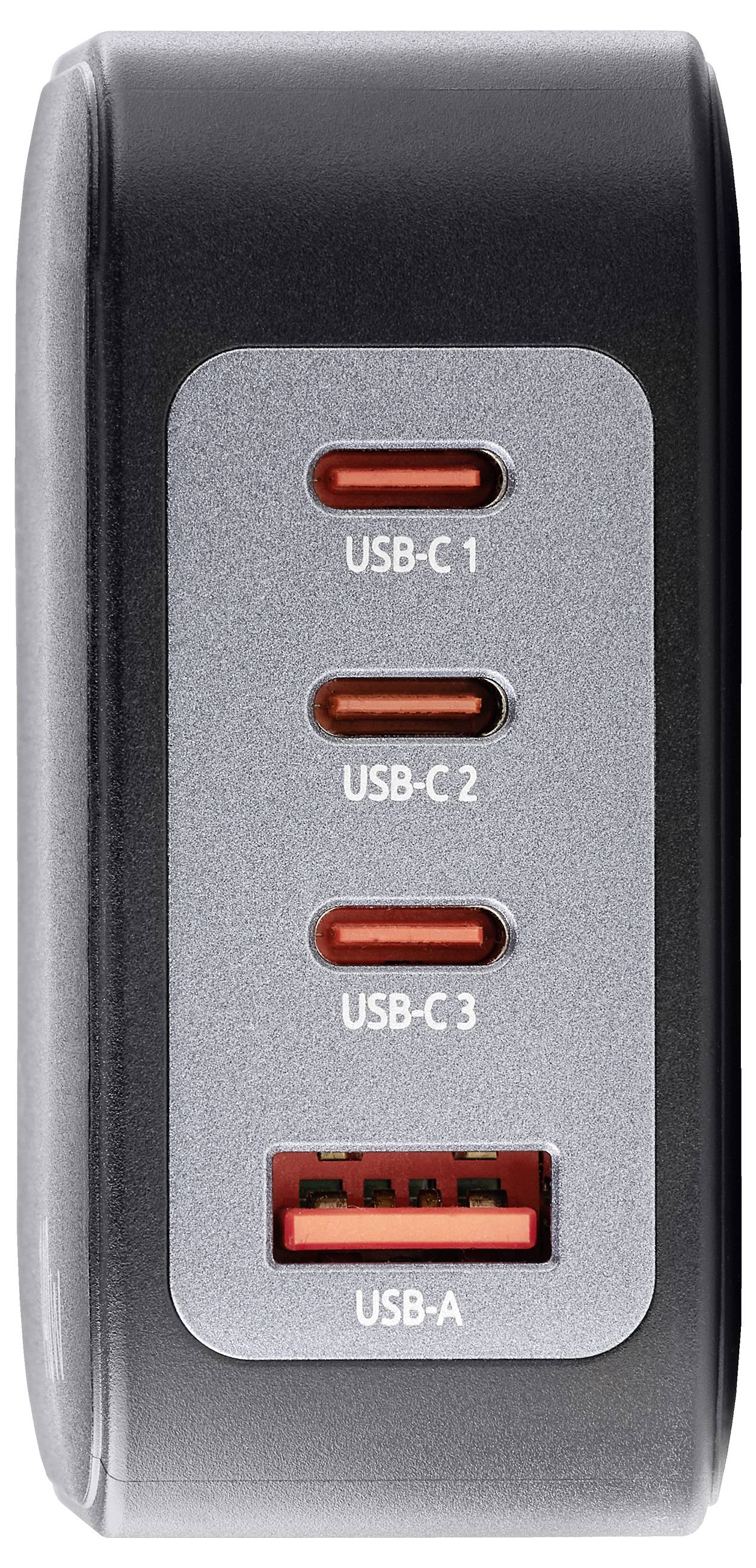 Čierna nabíjačka s troma USB-C portami a jedným USB-A portom na prednej strane. Každý port je označený ako 'USB-C 1', 'USB-C 2', 'USB-C 3' a 'USB-A'.