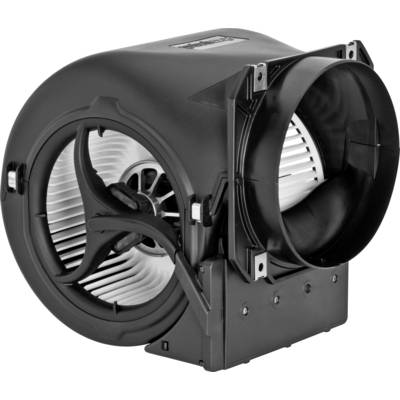 Čierny cylindrický ventilátor s viditeľnými rotačnými listami a detailmi jeho krytu.