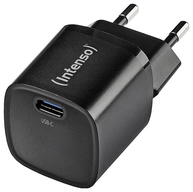 Čierna USB-C nabíjačka s nápisom 'Intenso'. Európsky typ zástrčky, kompaktná a prenosná pre elektronické zariadenia.
