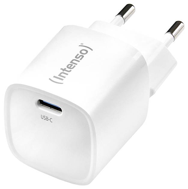 Biele USB-C nabíjačka od Intenso s dvoma sieťovými kolíkmi.