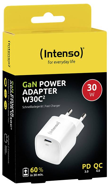 'Intenso GaN Power Adapter W30C2', rýchlonabíjačka, 30W. Balenie zobrazuje adaptér s USB portom. Poznámka: nabite 60% za 30 minút.