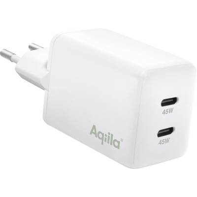 Biely USB-C sieťový adaptér s dvoma portami, každý s výstupným výkonom 45 wattov, vhodný na rýchle nabíjanie.