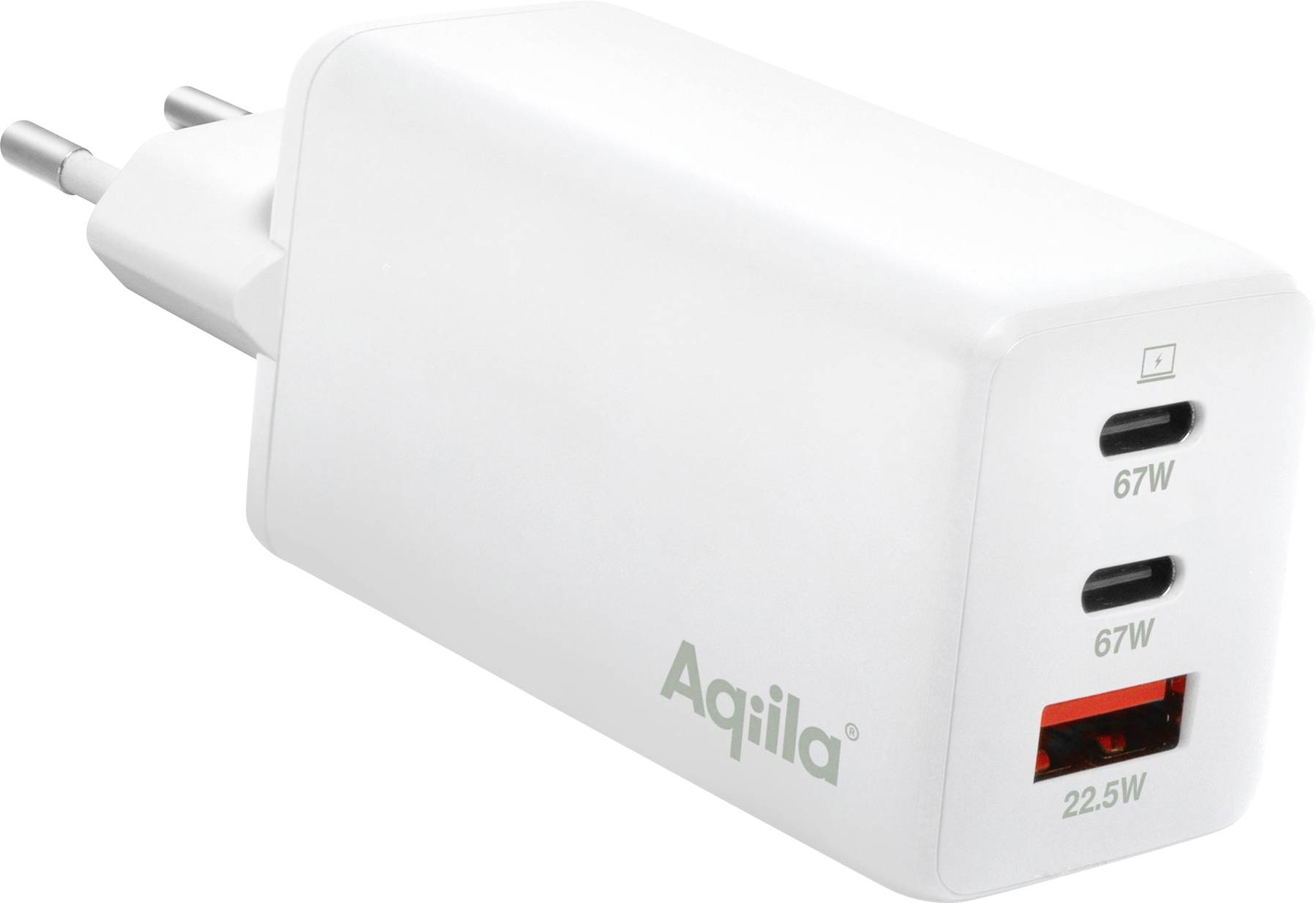Biela nabíjačka s tromi portami: dva USB-C porty s výkonom 67 W a jeden USB-A port s výkonom 22,5 W. Značka 'Aqiila'.