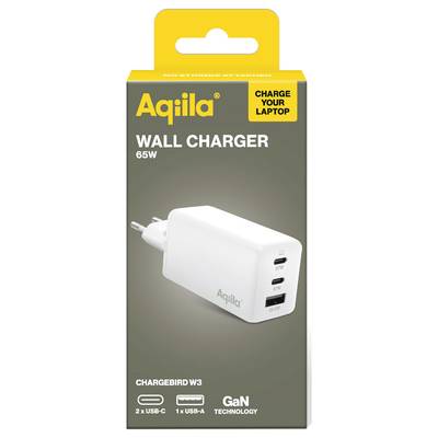 Nabíjačka Aqila 65W pre notebook, biela farba, dva USB-C a jeden USB-A port, GaN technológia, model ChargeBird W3.