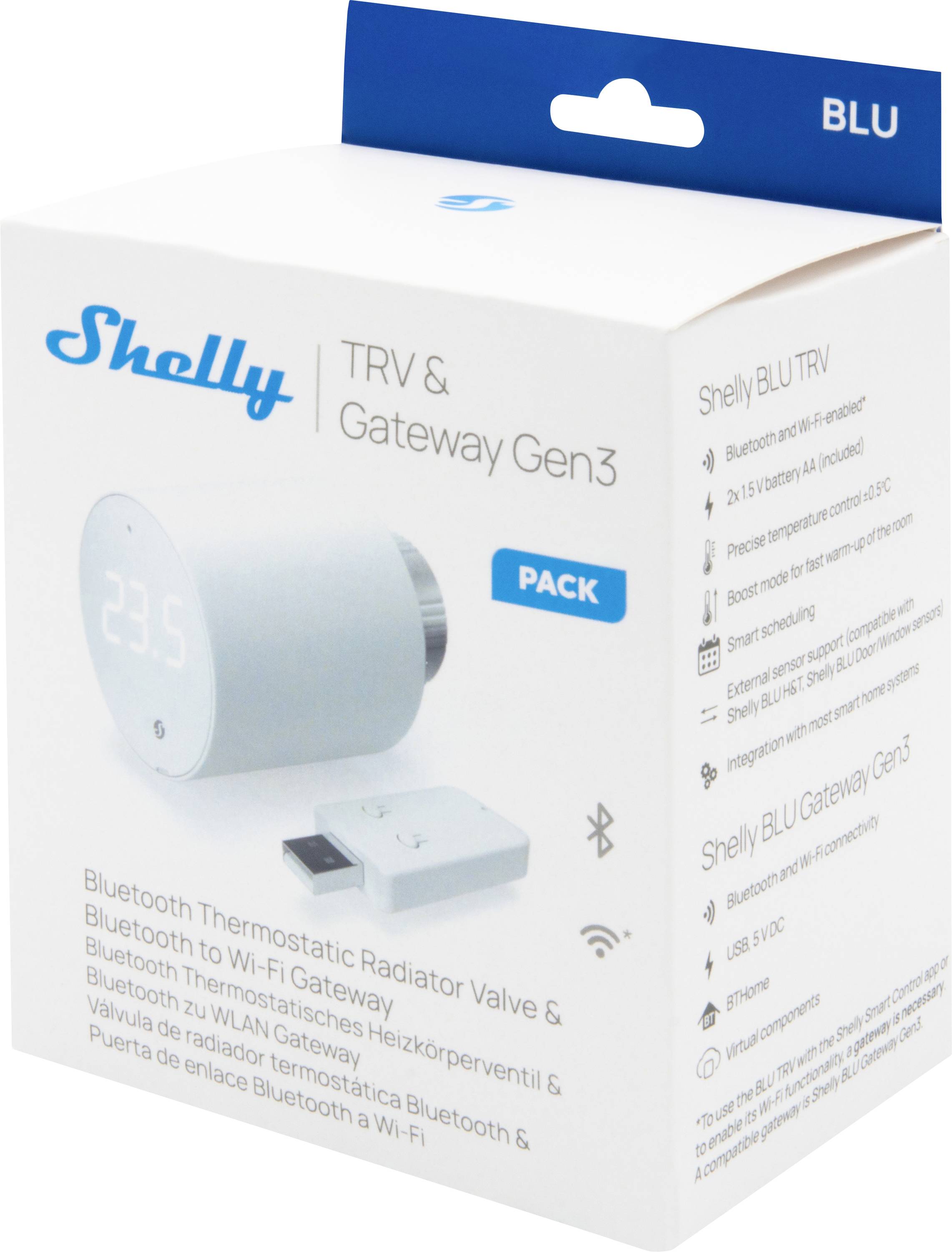 Balenie Shelly TRV & Gateway Gen3 s bluetooth termostatickým ventilom radiátora a bránou, zobrazené s produktovými informáciami.