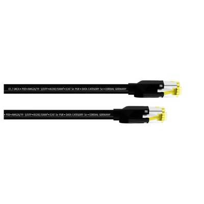 Dva čierne ethernetové káble so žltými konektormi. Na kábloch sú uvedené technické špecifikácie.