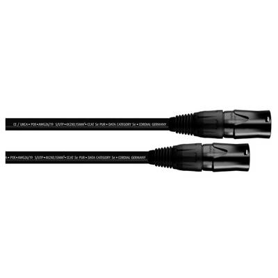Dva čierne audioprepojené káble s XLR konektormi pre profesionálne pripojenia, označené technickými špecifikáciami.