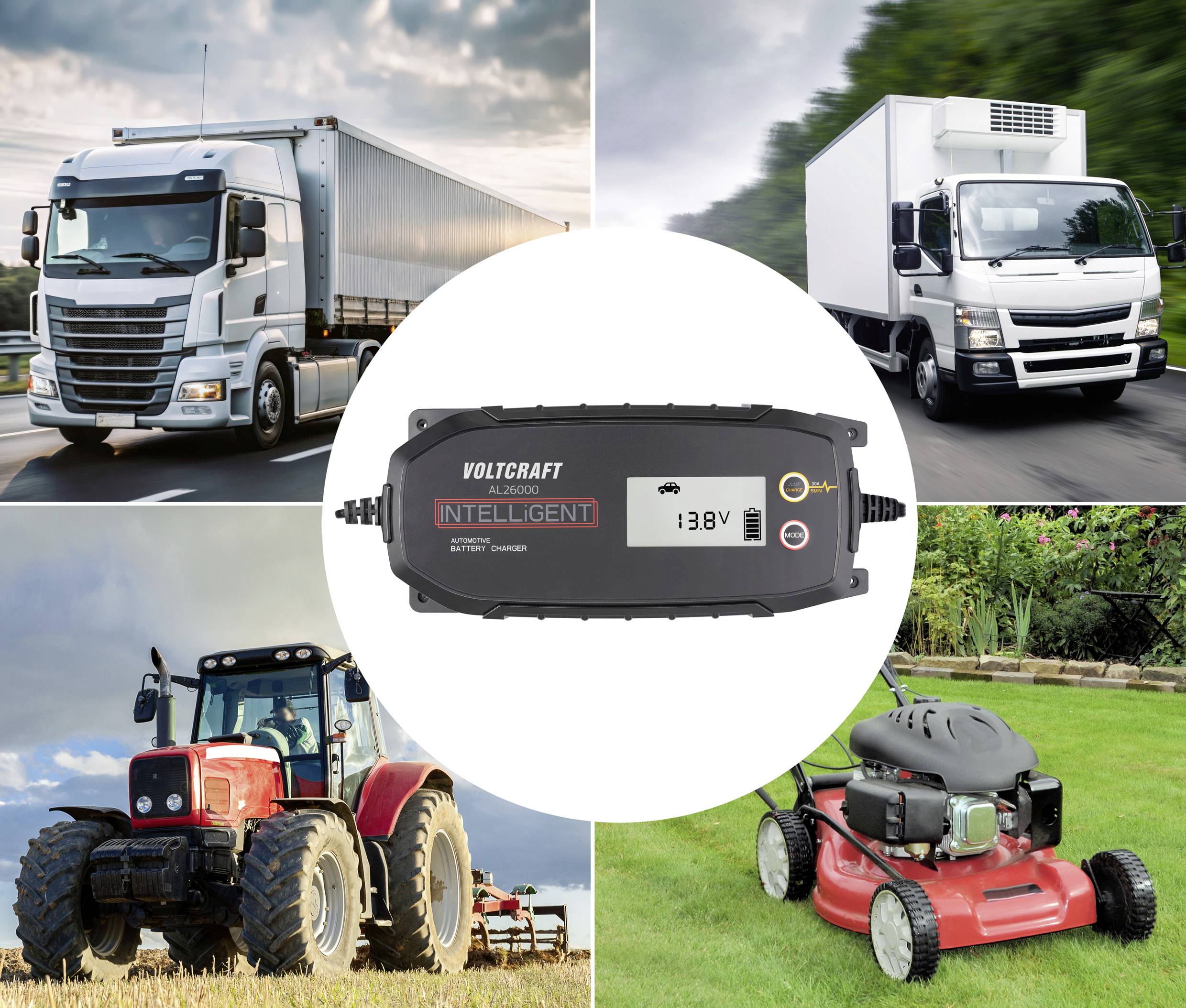 Nabíjačka batérií 'Voltcraft' uprostred. Obklopená obrázkami: dva nákladné automobily, traktor a kosačka, ktoré znázorňujú oblasť použitia.
