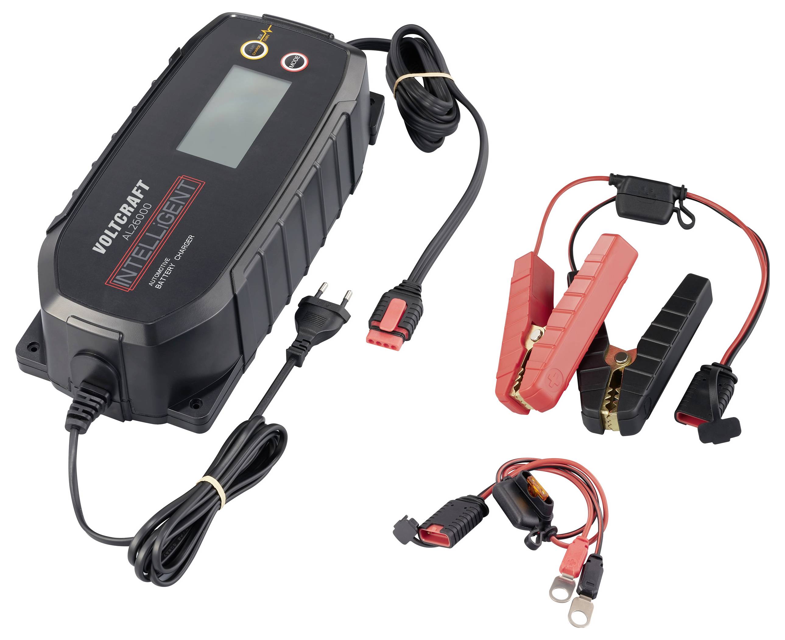 VOLTCRAFT INTELLIGENT nabíjačka batérií s LCD displejom, káblom a svorkami pre autobatérie a batérie motocyklov.