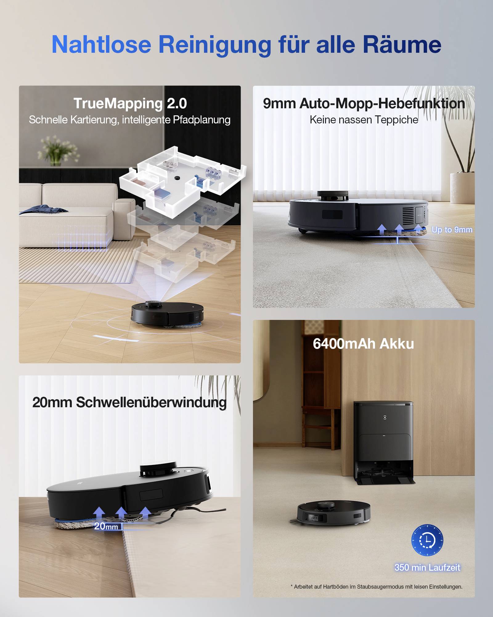 'Bezchybné upratovanie pre všetky priestory': Robotický vysávač má TrueMapping 2.0, 9 mm automatickú funkciu zdvíhania mopu, prekonávanie 20 mm prekážok, batériu s kapacitou 6400 mAh.