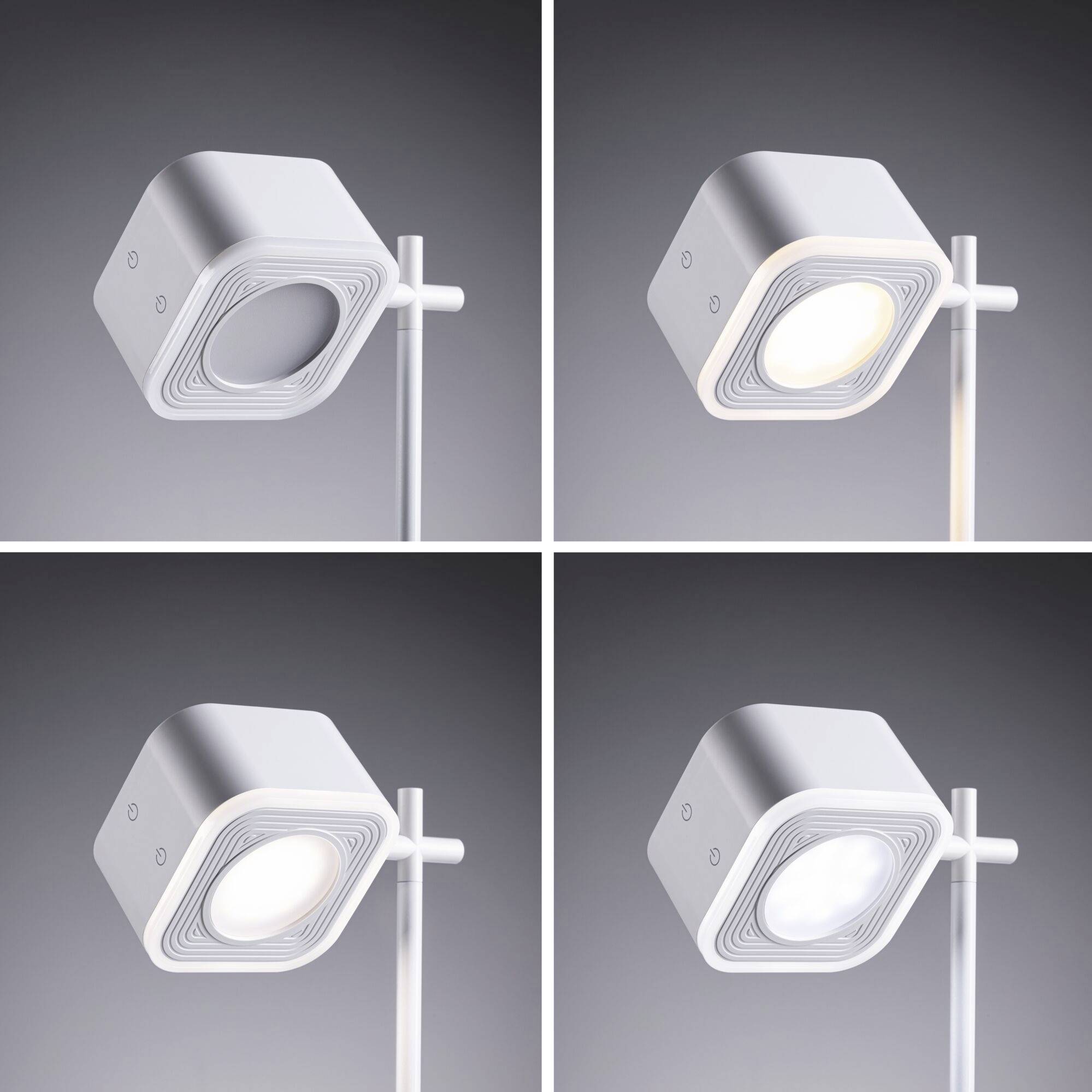 Štyri obrázky zobrazujú nastaviteľnú, modernú stropnú lampu štvorcového tvaru v rôznych polohách a intenzitách osvetlenia.
