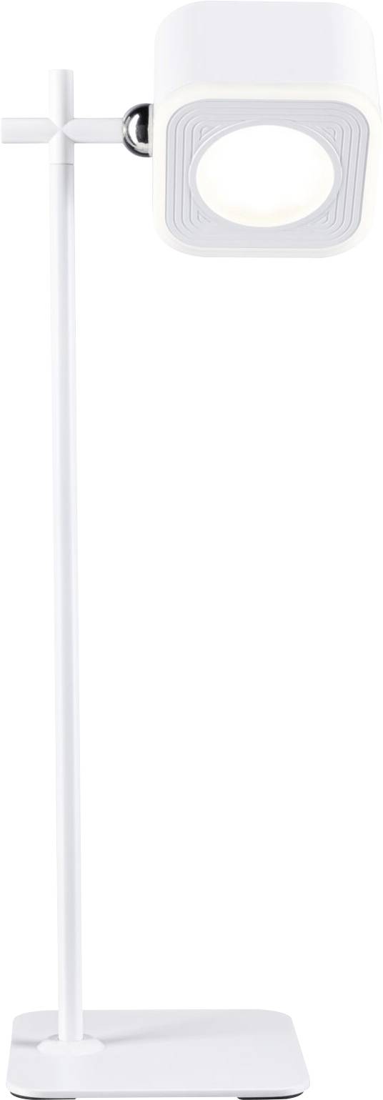 Biela, moderná stolná lampa so štvorcovým tienidlom a nastaviteľným ramenom. Ideálna pre minimalistický interiérový dizajn.