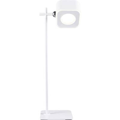 Biela, moderná stolná lampa so štvorcovým tienidlom a nastaviteľným ramenom. Ideálna pre minimalistický interiérový dizajn.