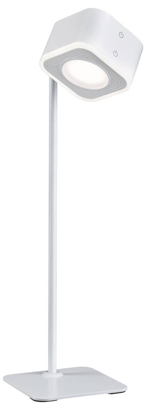 Biela, moderná stolná lampa so štvorcovou svetelnou hlavicou na štíhlom stojane a obdĺžnikovej základni.