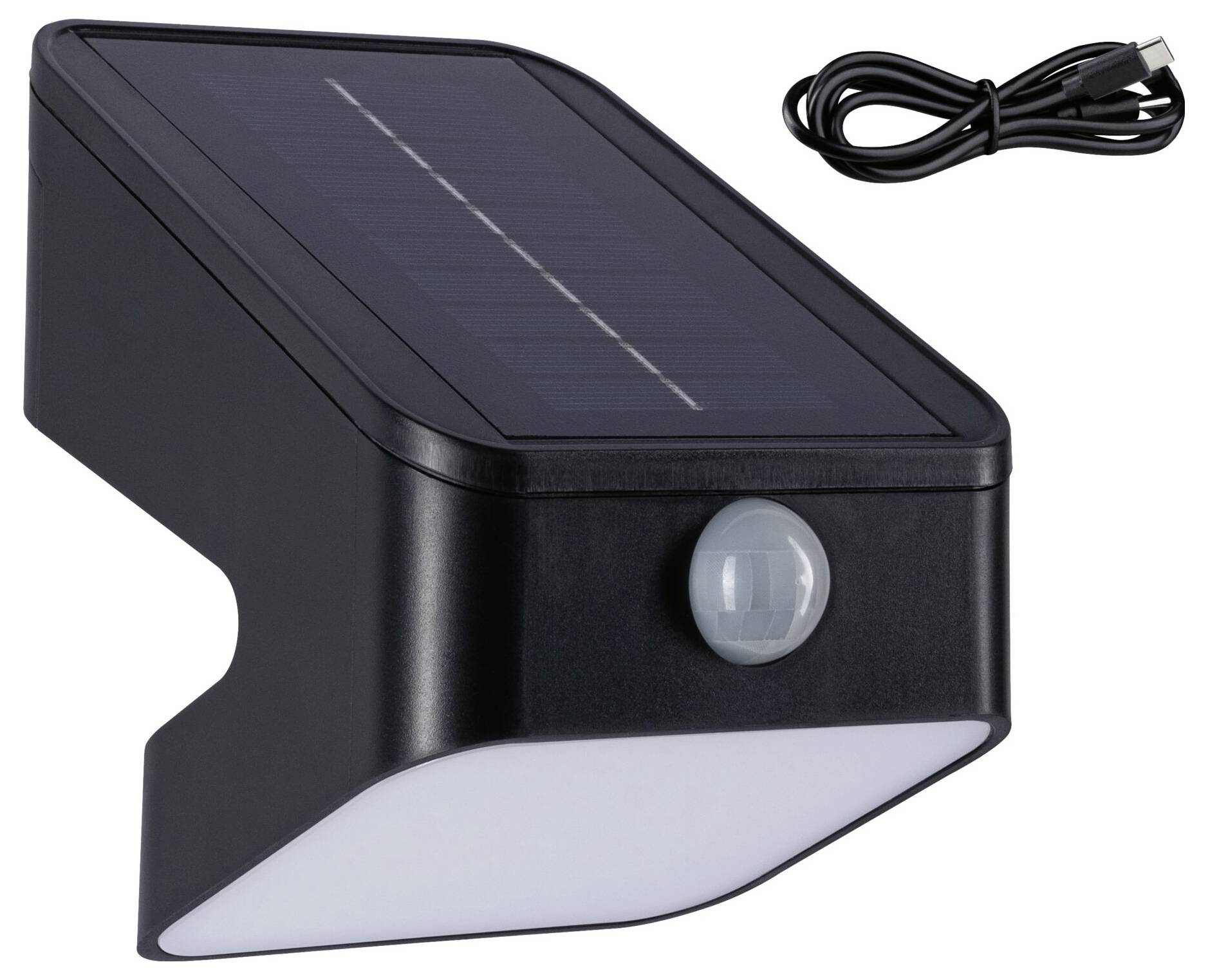 Čierna solárna lampa s integrovaným pohybovým senzorom a USB káblom, vhodná pre vonkajšie osvetlenie.