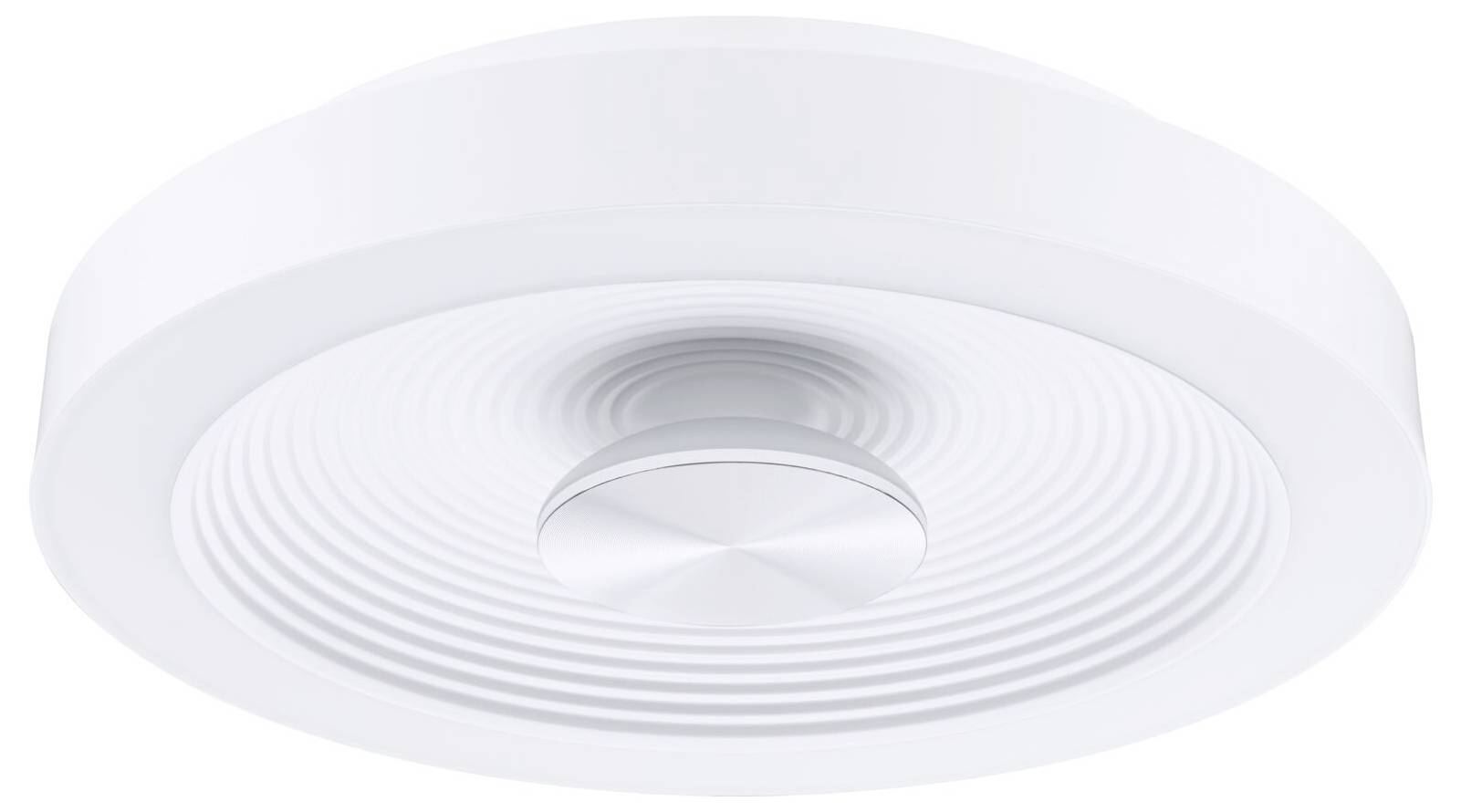 Biela, okrúhla stropná lampa s kruhovým vzorom a centrálnym prvkom.