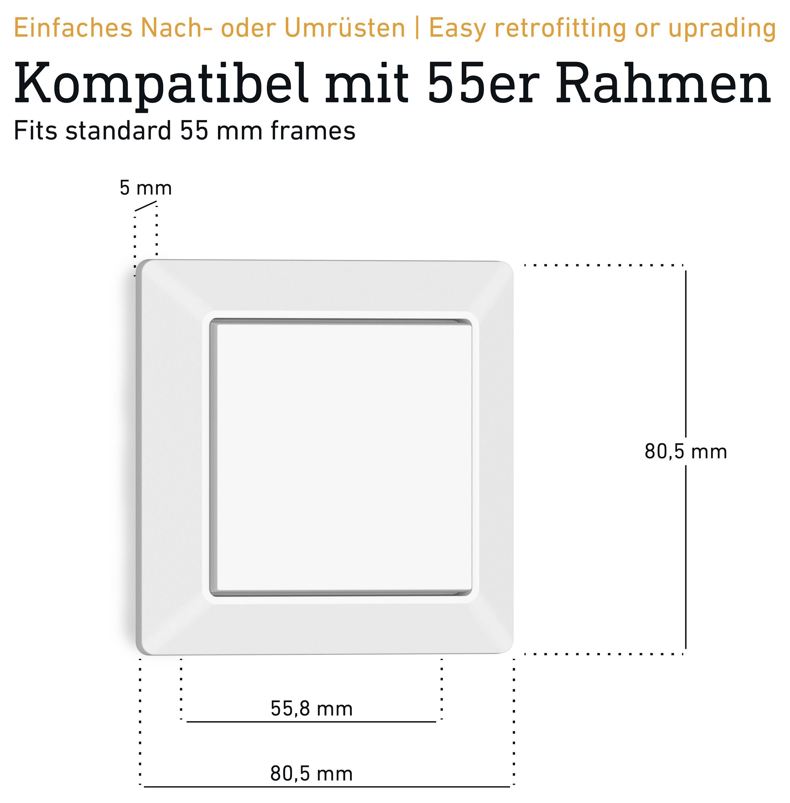 Krytka vypínača pre rámik 55, vhodná pre štandardný rámik 55 mm; rozmery 80,5 x 80,5 mm, vnútorný rozmer 55,8 mm, hĺbka 5 mm.