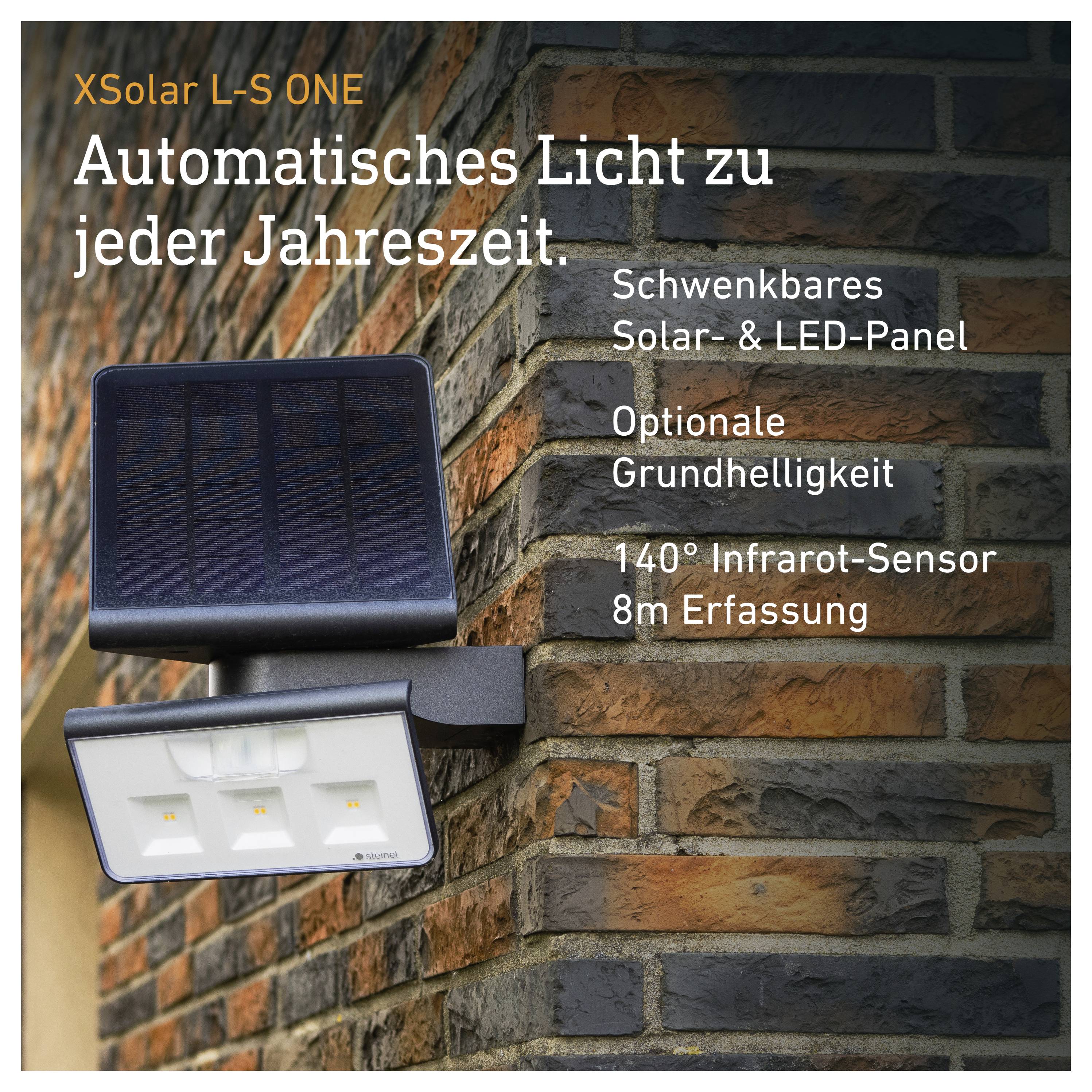 XSolar L-S ONE Vonkajšie svietidlo so pohyblivým solárnym a LED panelom; automatické svetlo, voliteľná základná jasnosť, 140° infračervený senzor, dosah 8 m.