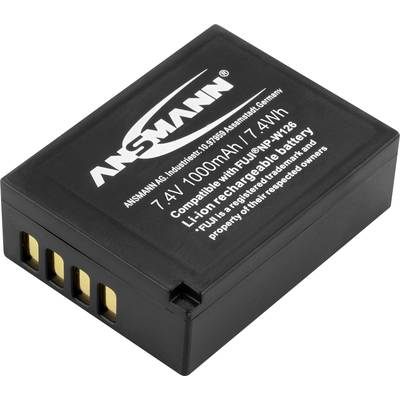 Čierny lítium-iónový akumulátor od Ansmann, model AW-HN3, 7,4 V, 1000 mAh, kompatibilný s Fujifilm NP-W126. Kompaktný tvar s kovovými kontaktmi.