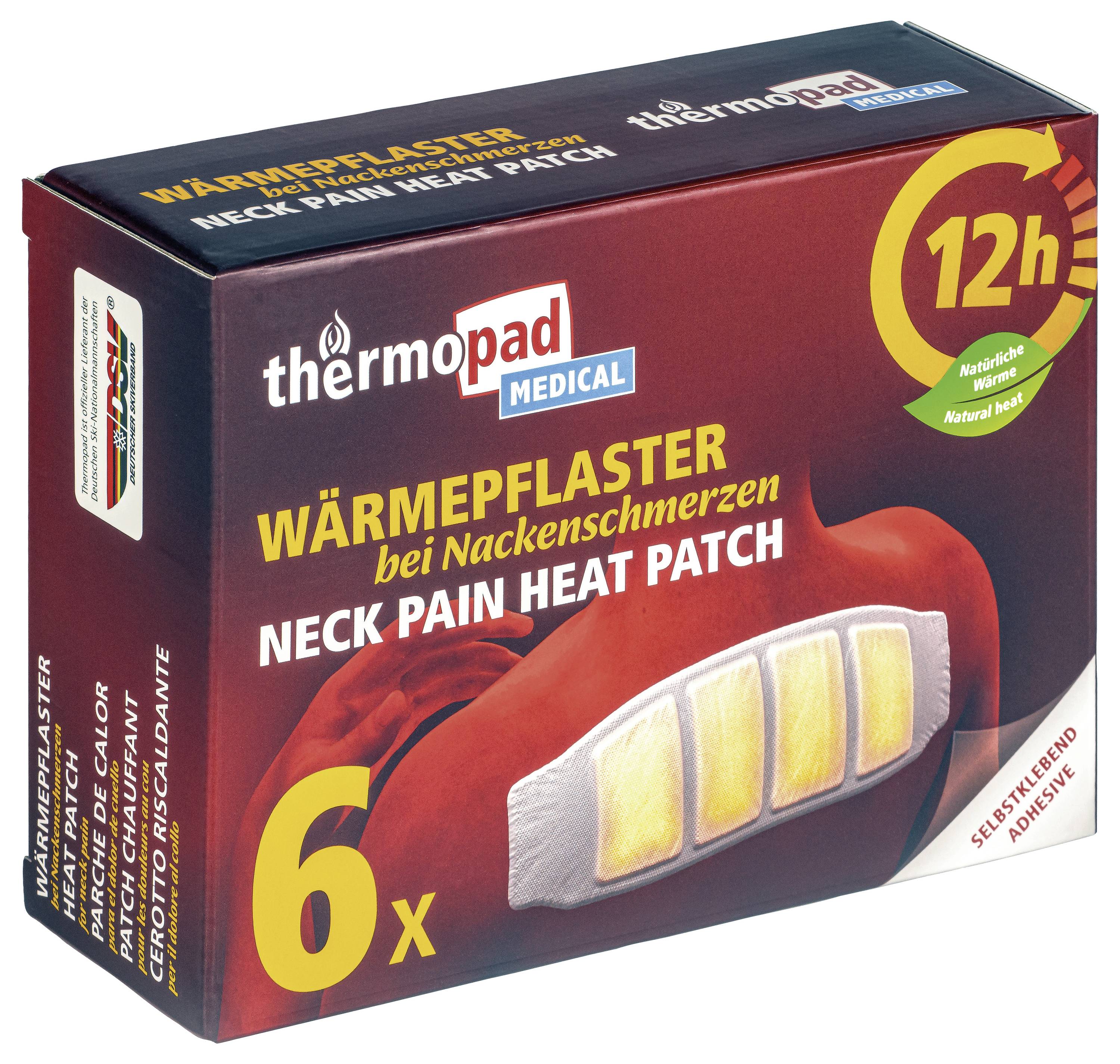 Krabica tepelných náplastí Thermopad Medical na bolesť krku, zobrazujúca 6-balenie, 12 hodín tepla, samolepka, prírodné teplo.