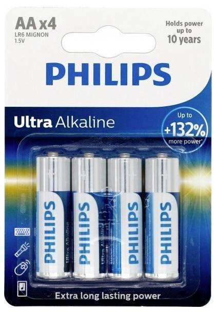 'PHILIPS' Batérie, AA x4, Ultra Alkalické, vydrží až 10 rokov, 132% vyššia výkonnosť, vrátane 4 batérií v plastovom obale.