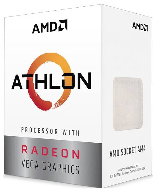 Balenie procesora AMD Athlon s grafikou Radeon Vega, kompatibilné so socketom AM4. Balenie s logami a informáciami o značke.