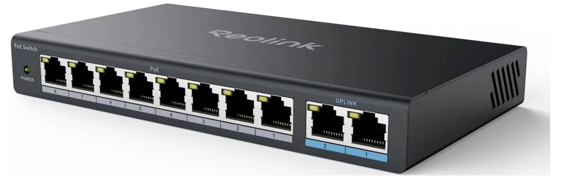 Sieťový prepínač s ôsmimi ethernetovými portami a dvoma uplinkovanými portami označenými 'Reolink' na vrchu.