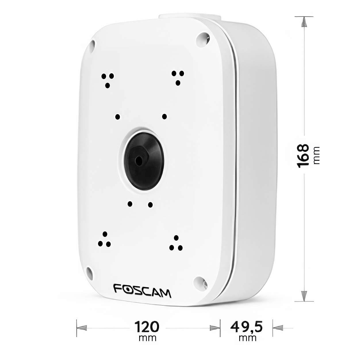 Biela kamera Foscam s rozmermi: 168 mm výška, 120 mm šírka, 49,5 mm hĺbka. Pohľad spredu ukazuje šošovku a upevňovacie otvory.