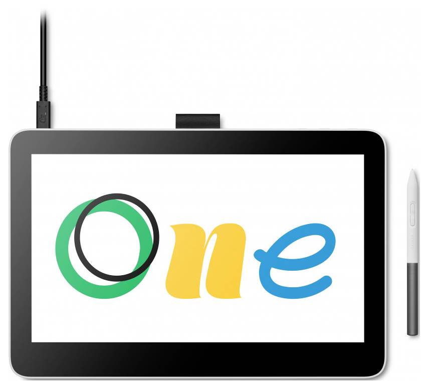 Grafika tabletu s nápisom 'One'. Vedľa je pripojený USB kábel a položené pero.