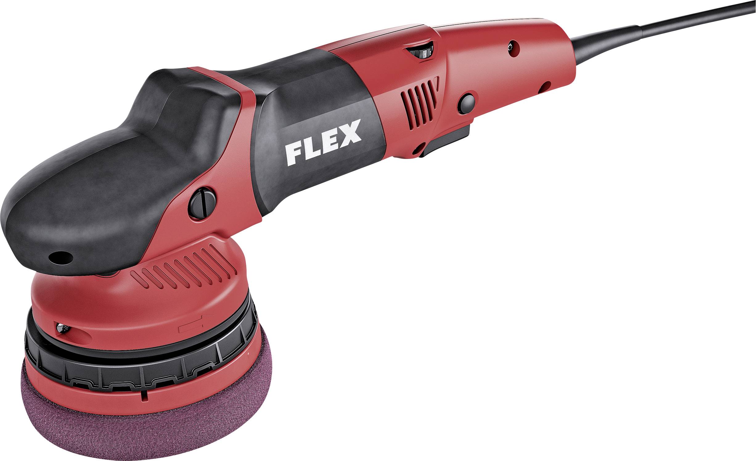 Červeno-čierna leštička s ergonomickou rukoväťou a logom Flex, používaná na leštenie povrchov.