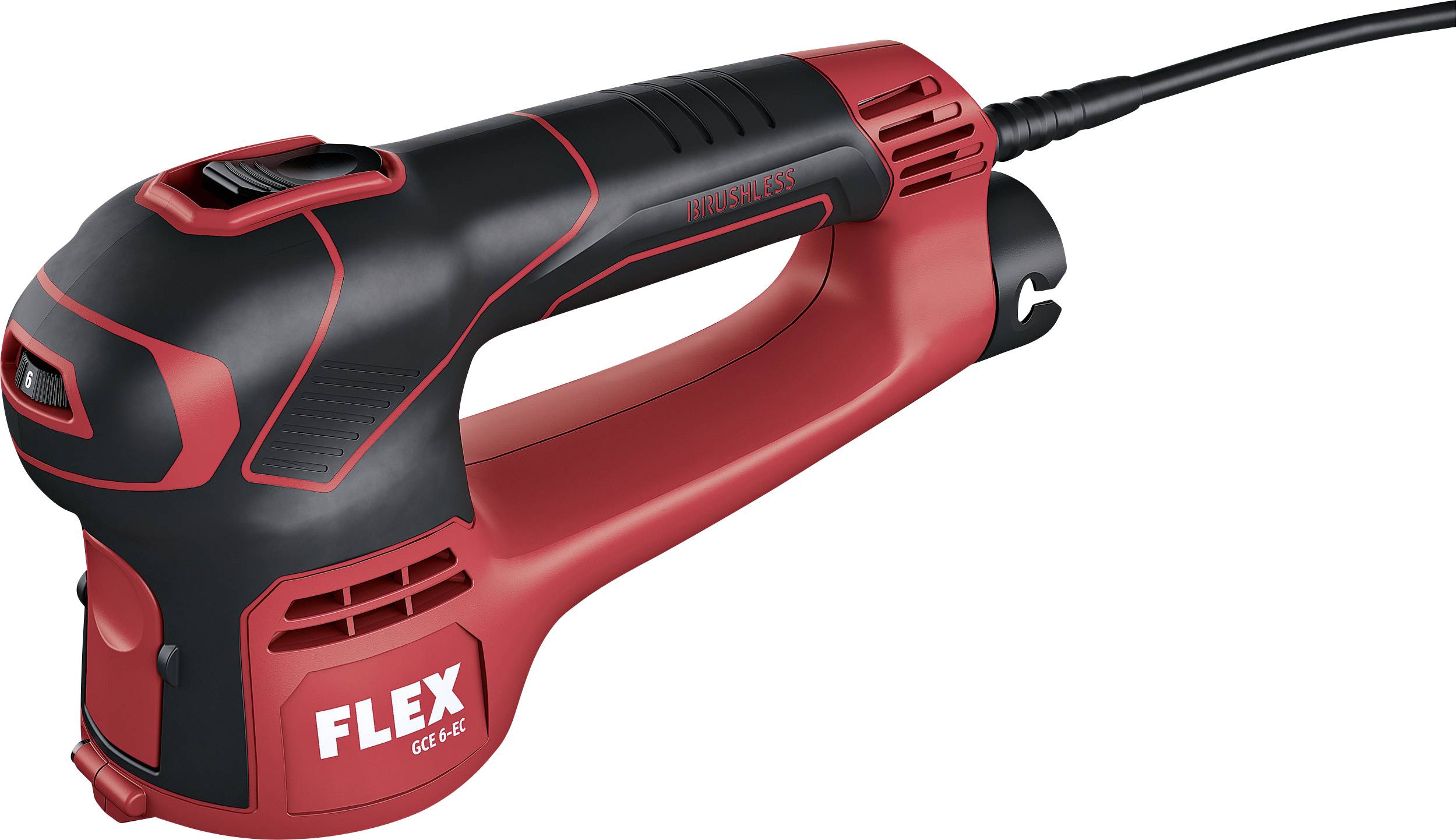 Červeno-čierne elektronické náradie značky 'FLEX', model GCE 6-EC, s ergonomickou rukoväťou a pripojovacím káblom, vhodné pre rôzne presné práce.