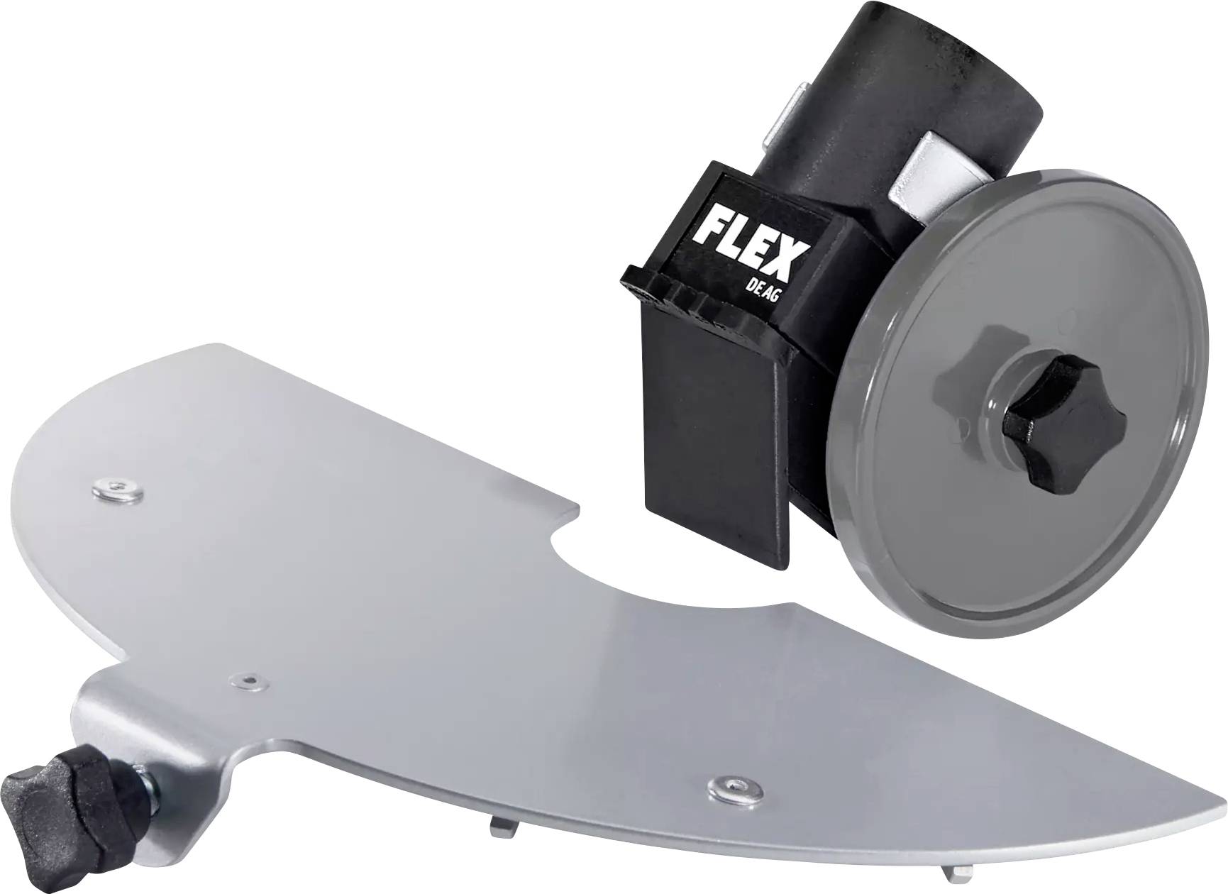 Nástroj s sivým ochranným krytom a čiernym upínacím mechanizmom, označený ako 'FLEX', pravdepodobne určený pre strojové použitie.