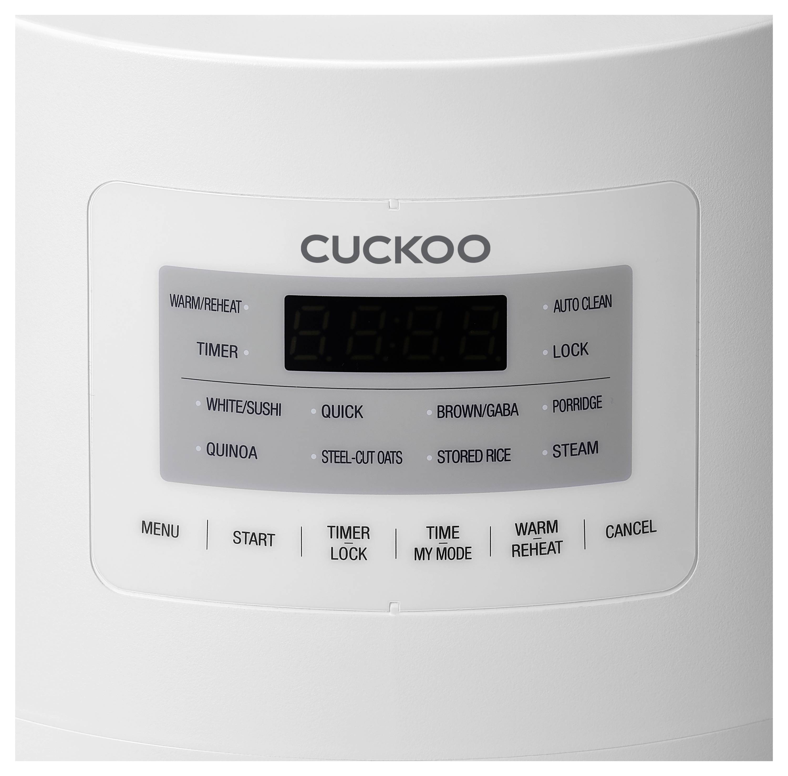 Biela elektronická riadiaca jednotka kuchynského spotrebiča, značka 'Cuckoo', s rôznymi tlačidlami pre varné módy a nastavenia časovača.