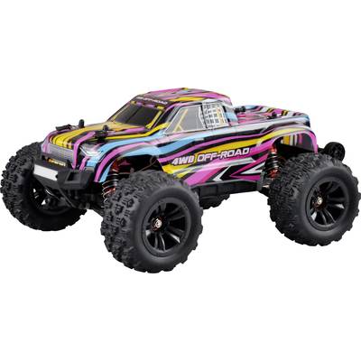 Diaľkovo ovládané auto s pestrofarebným, pruhovaným dizajnom a nápisom '4WD OFF-ROAD'; veľké terénne kolesá.