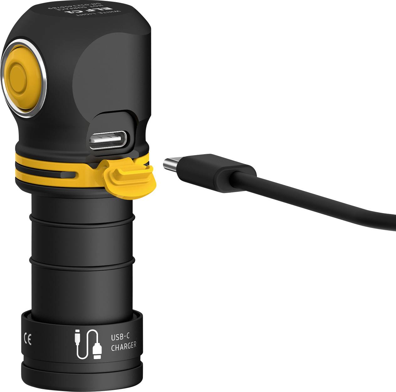 Čierne prenosné zariadenie s USB-C nabíjacím portom a žltými akcentmi, prepojené nabíjacím káblom.