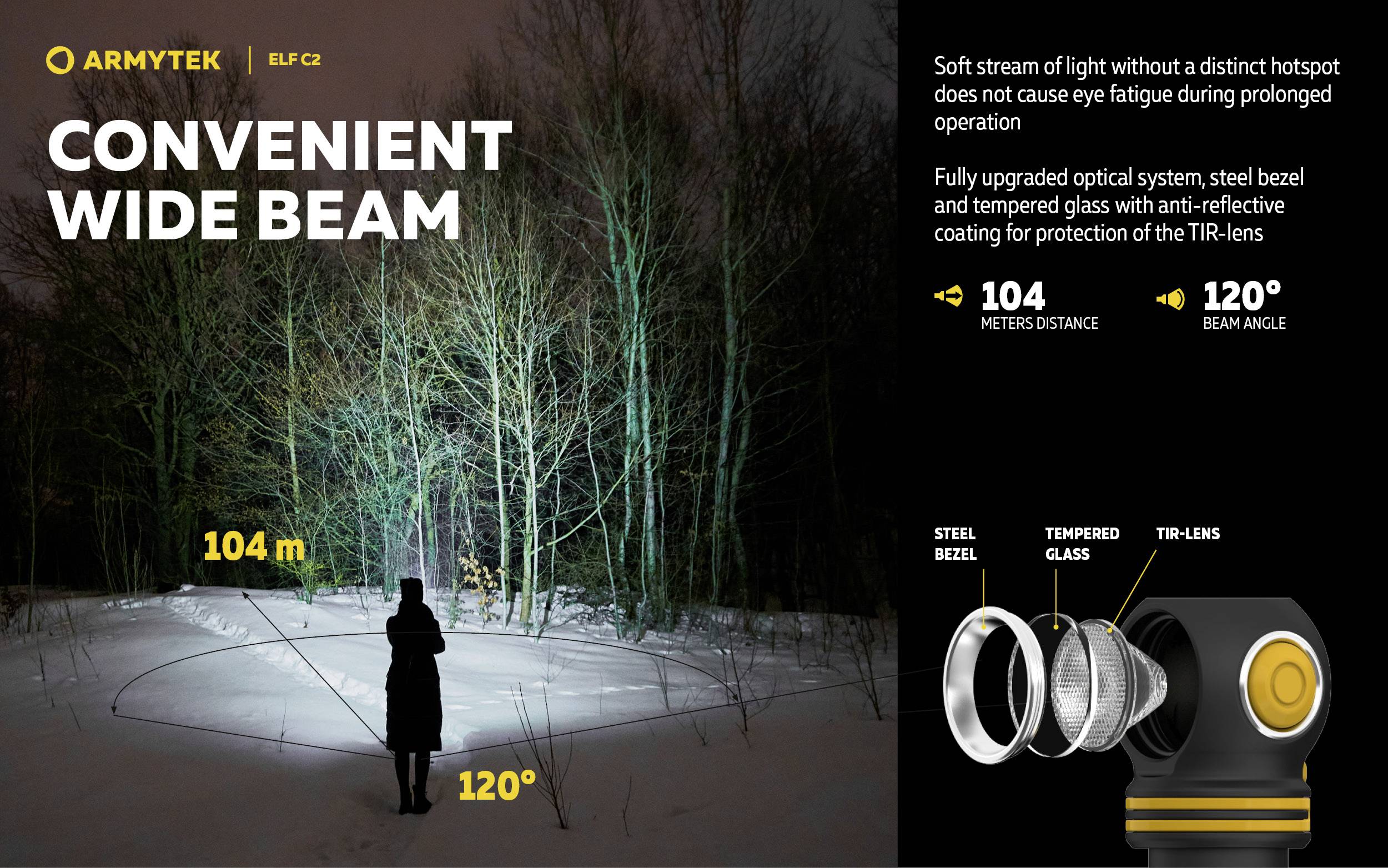 'Vreckové svietidlo osvetľuje širokú oblasť v uhle 120° a dosahuje vzdialenosť 104 m. Obsahuje systémový popis a obrazové prvky konštrukcie.'