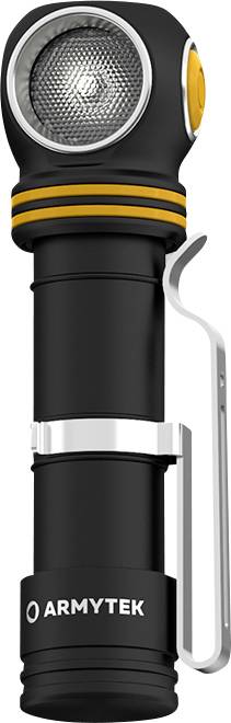 Čierna prenosná baterka so žltými pruhmi a strieborným klipom, označená nápisom 'Armytek'.