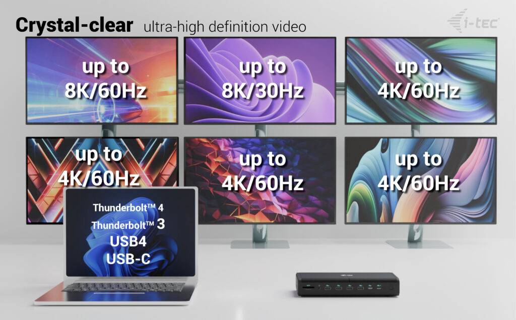 Šesť obrazoviek zobrazuje rozlíšenia až do 8K/60Hz. Laptop a dokovacia stanica s prípojkami Thunderbolt™ 4, USB4 a USB-C.
