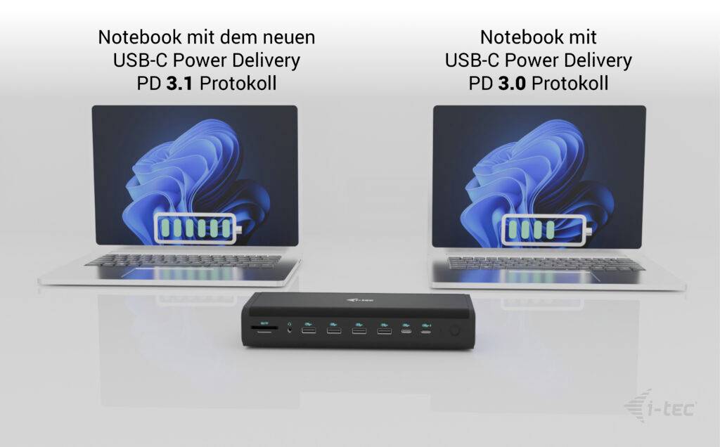 Dva laptopy zobrazujú rozdielne USB-C Power Delivery protokoly ('PD 3.1' a 'PD 3.0') s USB hubom uprostred.