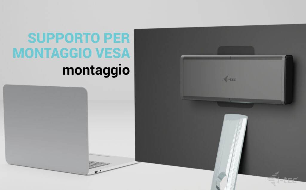 Podpora pre VESA uchytenie zobrazuje laptop a zadnú stranu sivého monitora namontovanú na držiaku.