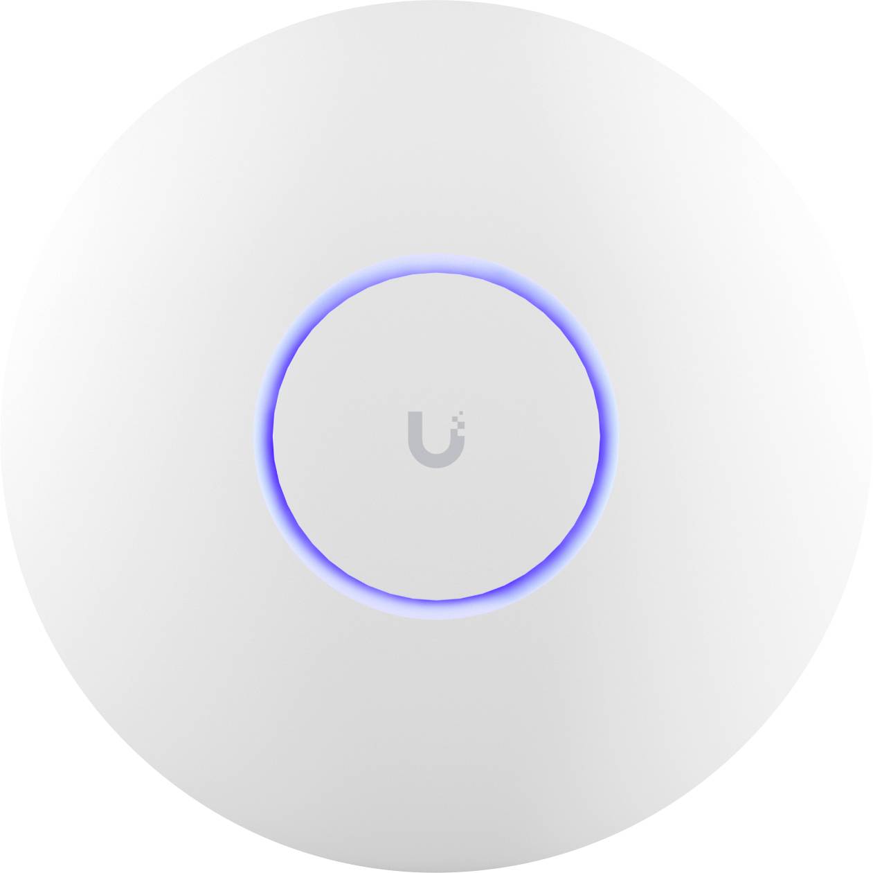 Biely guľatý prístupový bod WLAN s modro svietiacim prsteňom uprostred, vhodný na rozšírenie siete v interiéroch.