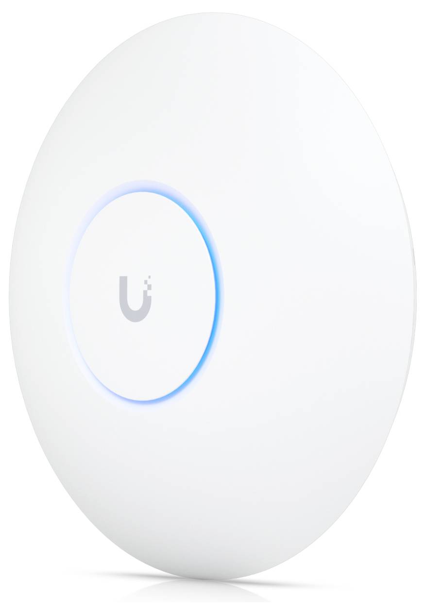 Guľatý, biely WLAN prístupový bod značky Ubiquiti so stredovým modrým LED svetelným kruhovým prvkom, zavesený na strope.