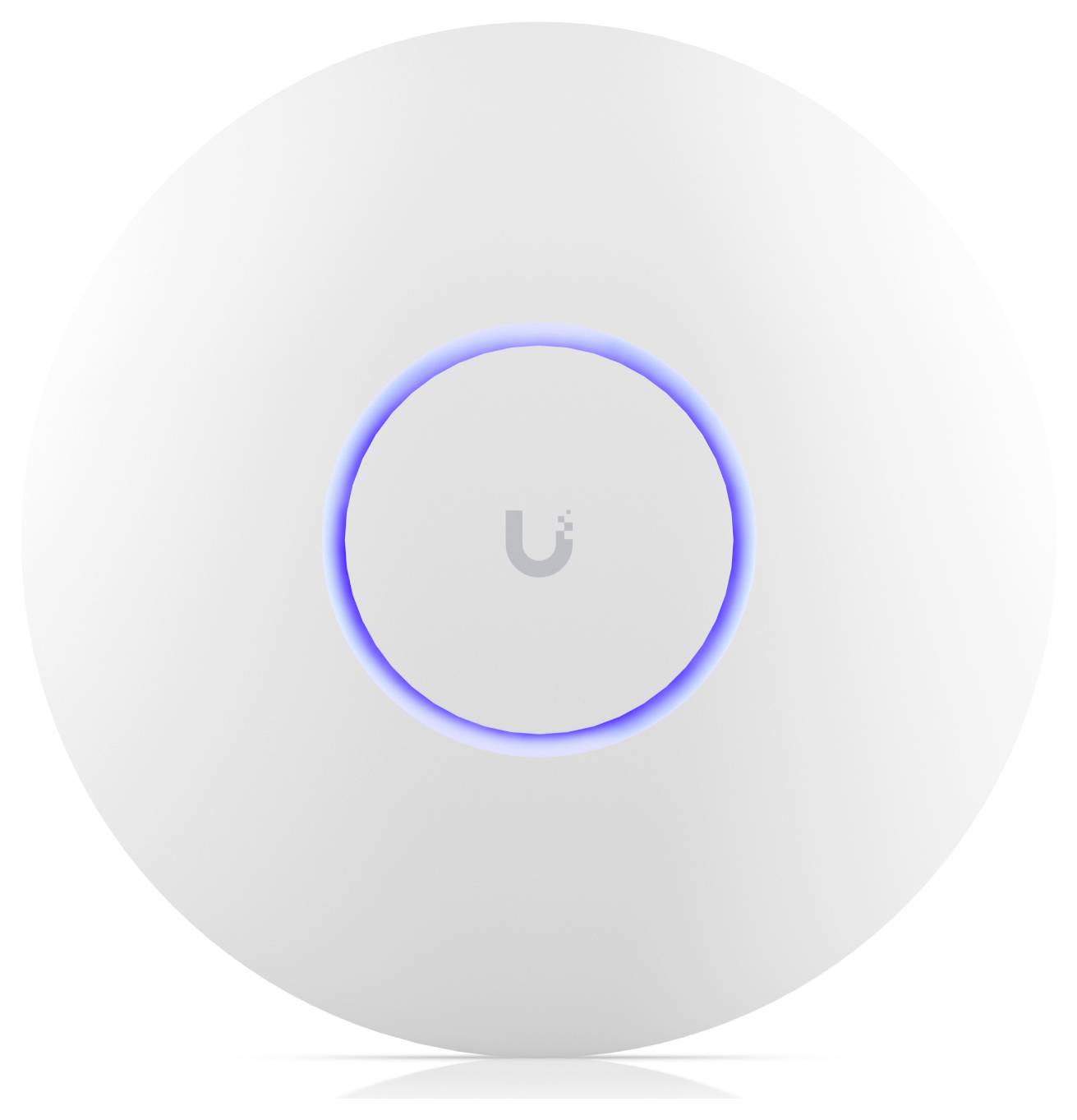 Biely, guľatý WLAN router s modrým svietiacim pružkom uprostred.