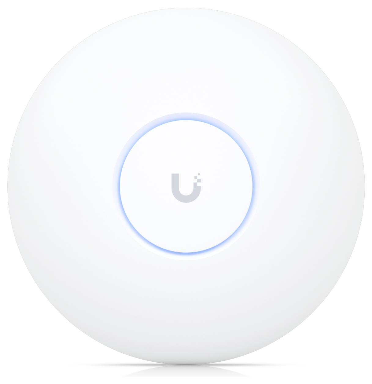 Biely guľatý WLAN prístupový bod s modrým svietiacim kruhom uprostred, ktorý zobrazuje logo 'U' v strede.