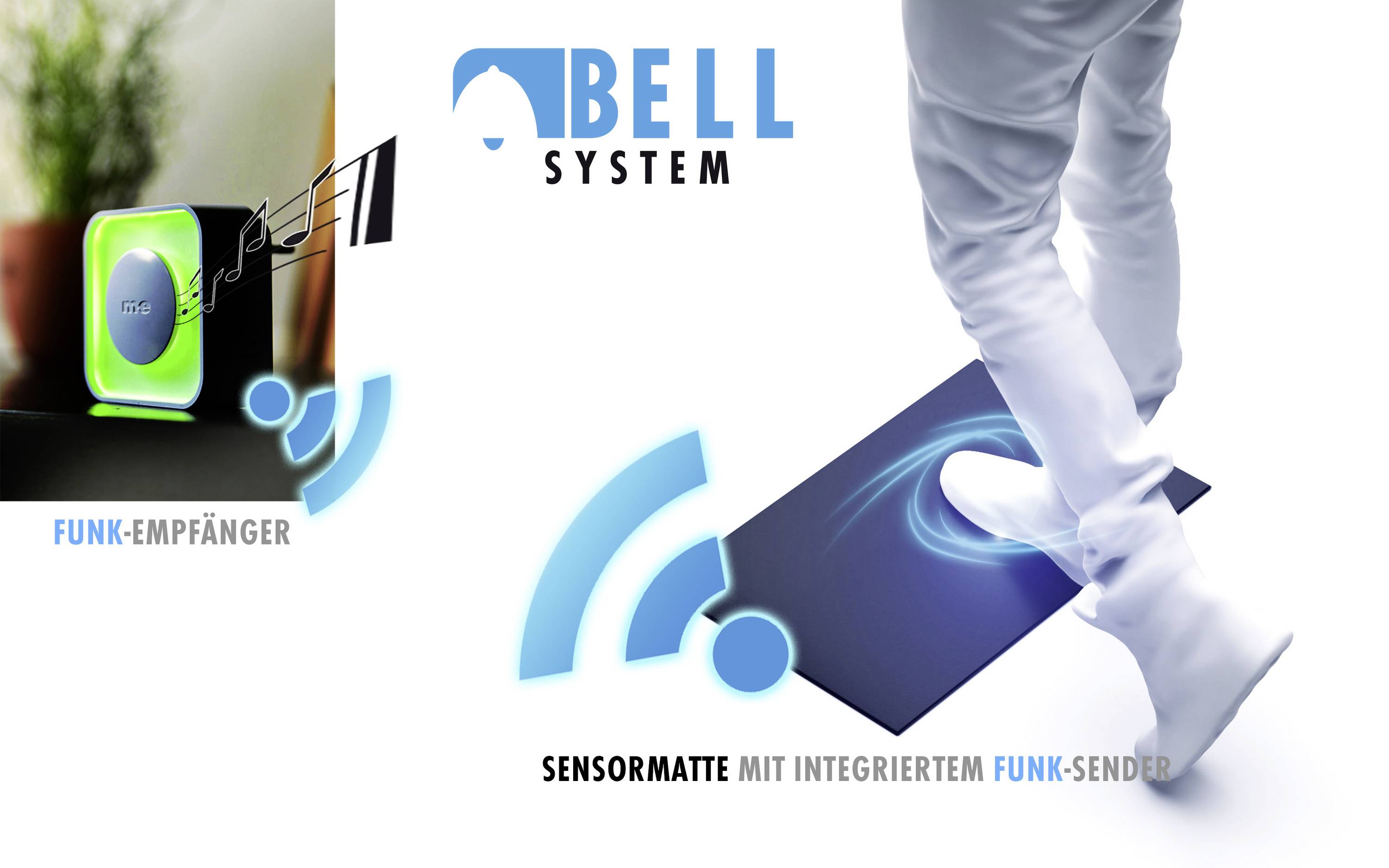 Osoba stúpa na senzorovú podložku s integrovaným rádiovým vysielačom. Vedľa je znázornený rádiový prijímač. Text: 'BELL SYSTEM'.