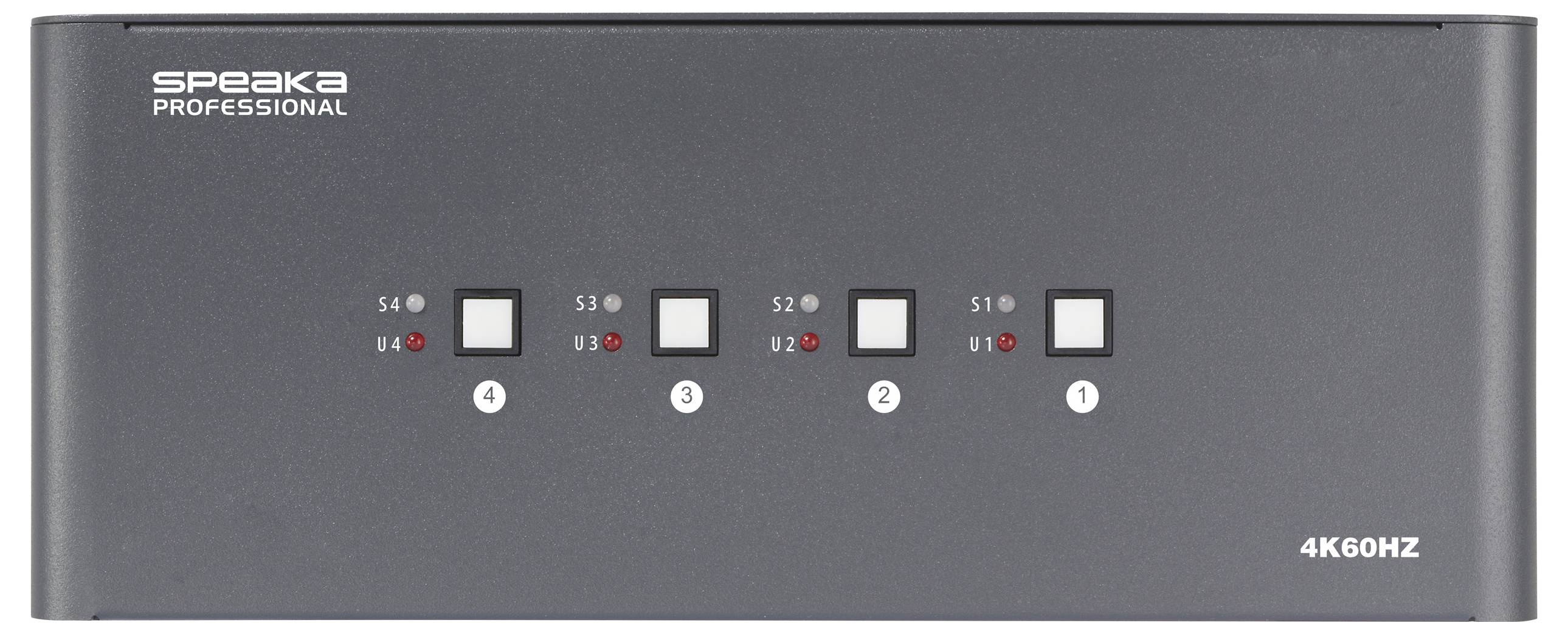Čierny HDMI prepínač so štyrmi očíslovanými tlačidlami a červenými kontrolkami na indikáciu aktívneho signálu. Označenie '4K60HZ' vpravo.