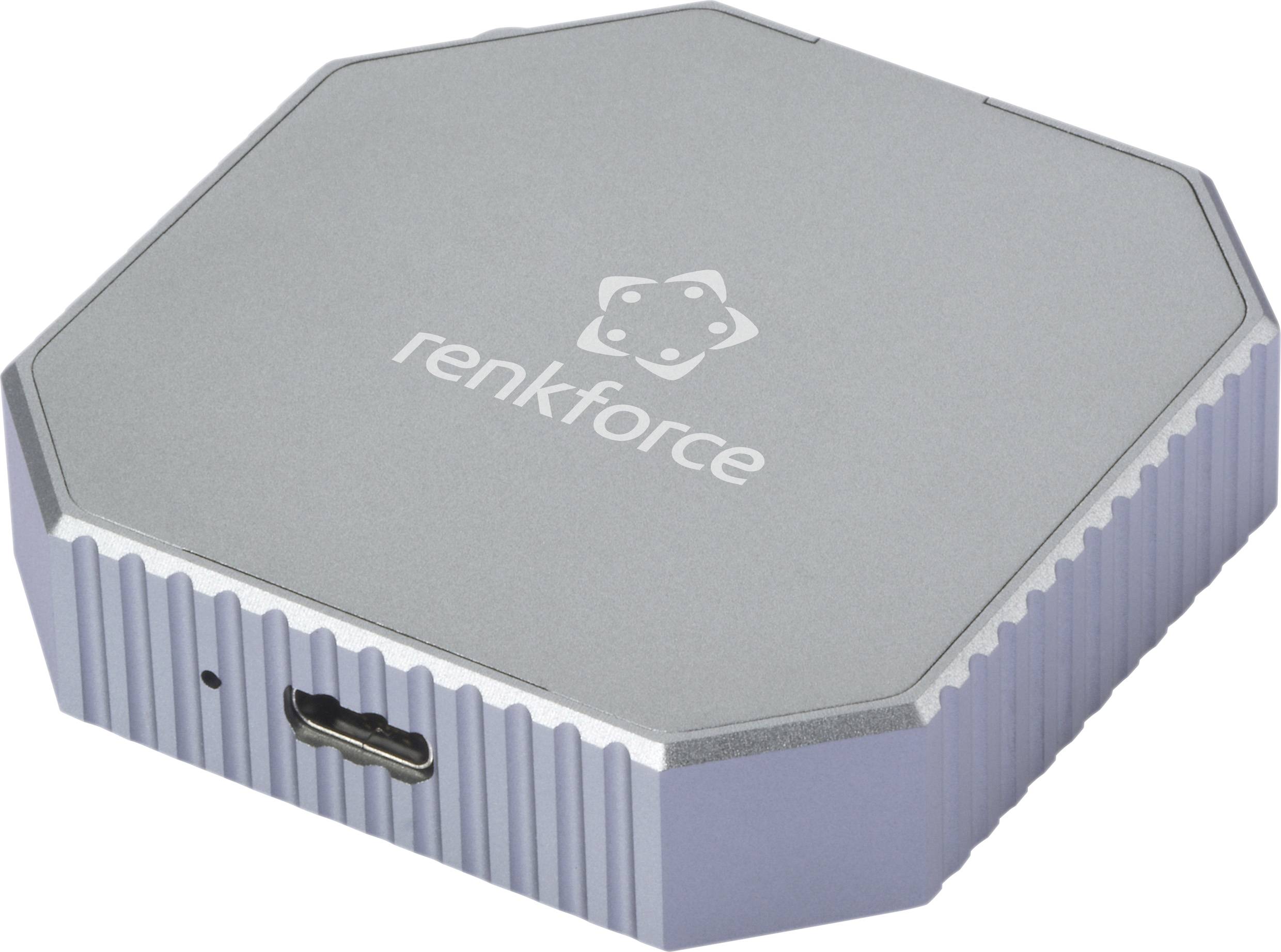 Strieborné šesťuholníkové zariadenie s USB portom a názvom značky 'renkforce' na vrchu.