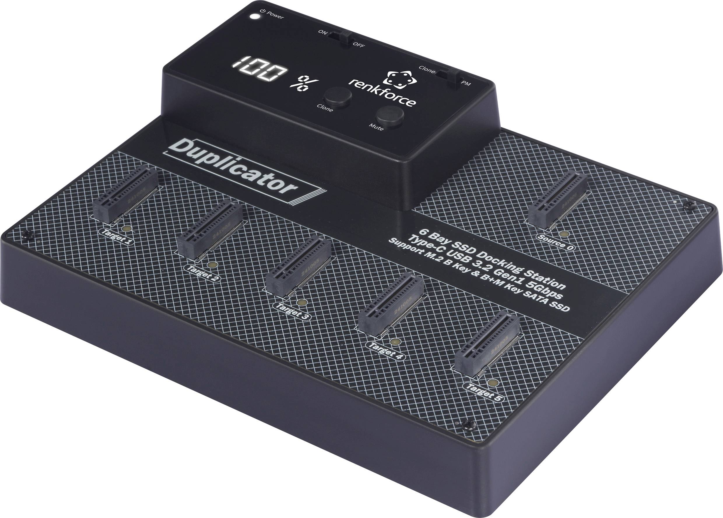 Renkforce duplicátor s piatimi SSD slotmi, LED displejom a ovládacím panelom na duplikovanie SSD, USB 3.0, SATA, IDE.